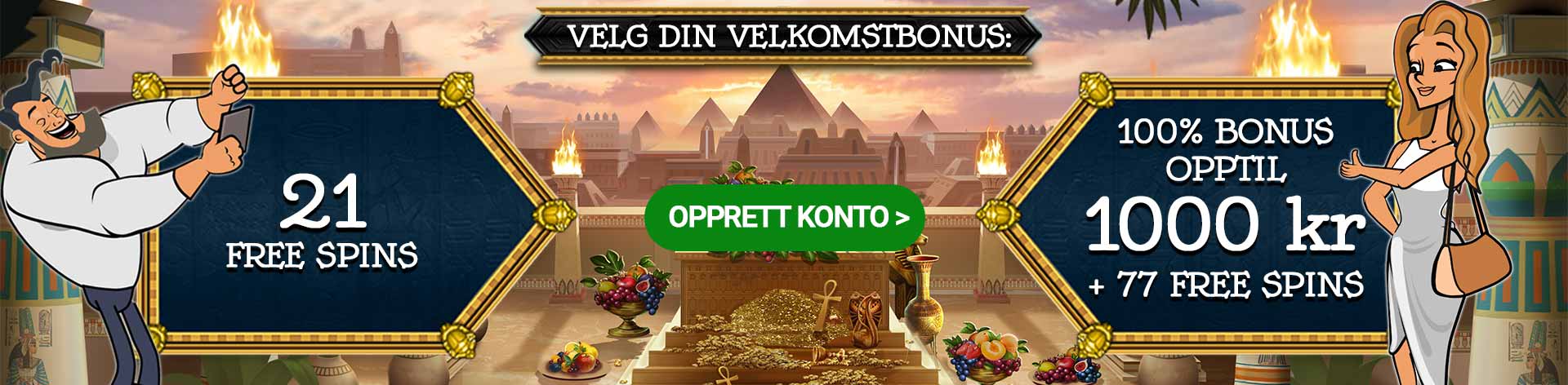 Delg din velkomstbonus: 21 Free Spins / 100% Bonus opptil 1000 kr + 77 Free Spins